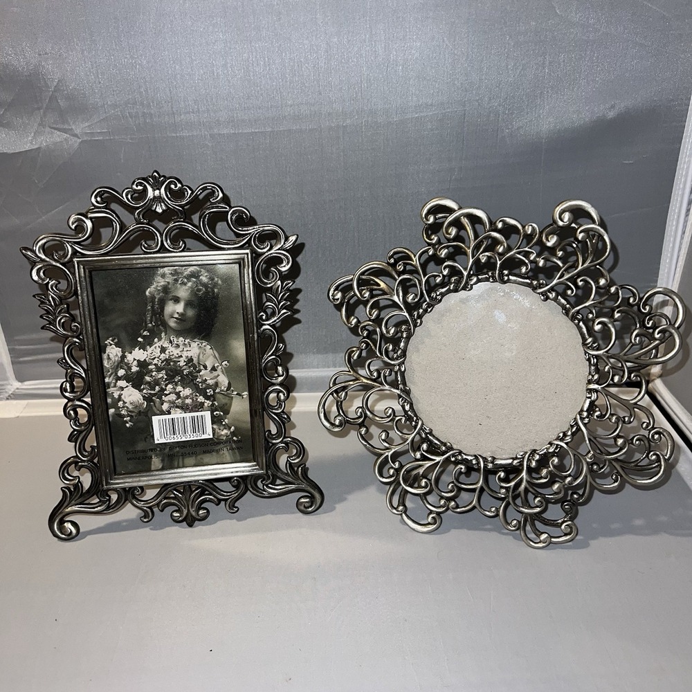 Lot of 2 Vintage Pewter Floral Scroll Picture Frames Granny Cottage Elegant Core